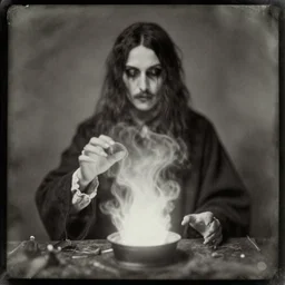 daguerreotype photo of a spirit medium emitting paranormal ectoplasm, detailed and creepy