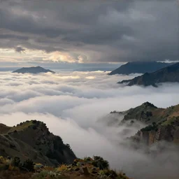 painting by sargent and leyendecker and greg hildebrandt savrasov levitan gorgeous fantasy landscape early morning above the layered low clouds on madeira faroe azores iceland black coast overcast storm wide angle view from above masterpiece