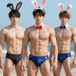 anime digital fit young man in stylized swim gear and bunny ears ruan jia, craig mullins, sakimi, ilya kuvshinov, best selling expert art, global illumination volumetric lighting, realistic shading, highly detailed