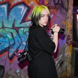 a camera carried by billie eilish in a casino, grafitti art