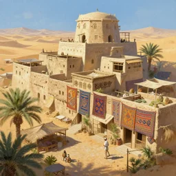 Trader's City Kvar. Middle eastern buildings in the desert. Oasis. Colorful tapestries. a fantasy digital painting by Greg Rutkowski and James Gurney, trending on Artstation, highly detailed