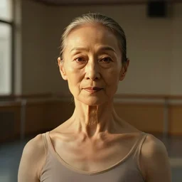 stunningly robust, elderly chinese prima ballerina in dance studio, symmetrical face, golden hour, smooth, focus, highly detailed, hyper realistic, dramatic lighting, elegant, intricate, concept art, art by wlop, mars ravelo, greg rutowski, artstation