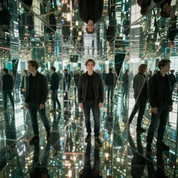 man in a mirrors maze, mirrors are at an angle to each other refracting each other recursively, highly detailed, octane render 8 k