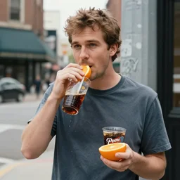 hugh hopper on a street corner eating an orange and sipping diet pepsi