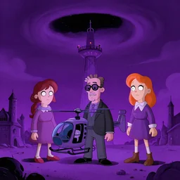 artgerm, norman rockwell, abigail larson, purple color pallete, welcome to night vale, radio tower with black hole above it, helicopter, spooky strange weird quirky, cartoon, 2 d, chiral lighting