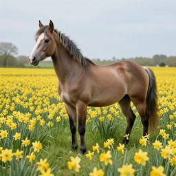 wide angle of a realistic female centaur, in a field of daffodils, trending on artstation, 4k, very detailed