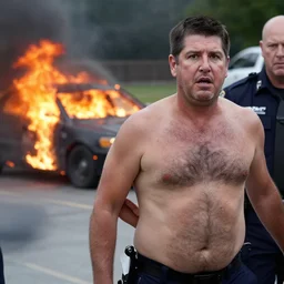 police arresting shirtless and hairy ted cruz public freakout with a burning car in background