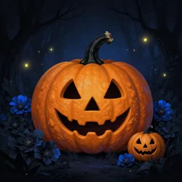 beautiful digital matte painting of gothic spooky pumpkin patch illustration black and blue flowers with fireflies enchanted dark background dark contrast by android jones