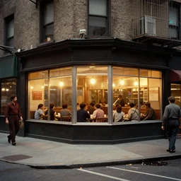 street - level view on the side of a busy street in new york city in the 1 9 4 0 s with a corner diner with glass windows with patrons inside, warm glow of light emits from restaurant, in the style of fallout 4 game, color photo, vintage film artifacts,