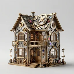 beautiful house made of mechanical watch parts, gears, cogs, jewels, architectural render, by jaroslaw jasnikowski, by gabriel dawe, by skottie young, by jessica rossier, by isaac cordal, metal architecture, trending on artstation, photorealistic, 8 k, steampunk