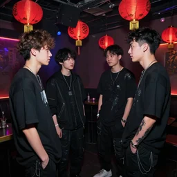 a tiny nightclub with a few red chinese lanterns, a couple of modern subculture teenagers standing and talking to each other, wearing black modern clothes, designed by rick owens, hyperrealistic, extremely lifelike attributes & lifelike texture, hyperdetailed, colorful by gregory crewdson