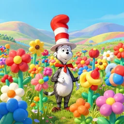 digital illustration of a field of giant vibrant multi - colored balloon flowers by dr. seuss, reimagined by ilm and beeple : 1 | megaflora by dr. seuss, spectral color, rolling hills : 0. 9 | fantasy : 0. 9 | unreal engine, deviantart, artstation, hd, 8 k resolution : 0. 8