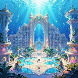 close up interior huge clean architecture, bright blue, anime style digital art, royal atlantis underwater palace, a lot of lights and people, magical fantasy and vibrant, olympics, trending on artstation