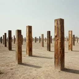 desolate land populated with cubic pillars made out of wood, surrealism 1 9 7 0 s