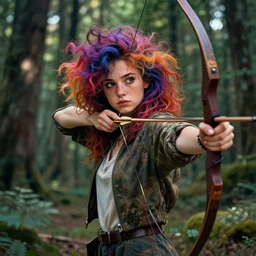 a stylish girl with freckles and wild colorful hair draws a bow in the woods | | fine detail!! anime!! realistic shaded lighting!!, directional lighting 2 d poster by ilya kuvshinov, magali villeneuve, artgerm, jeremy lipkin and michael garmash and rob rey