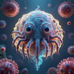 cthulhu, expressive eyes, floating, rbc, radiolaria, protophyta, micro - organisms, center frame, symmetric, rim light, marine microbiology, bioluminescence, electric, fur, soft, concept art, intricate details, highly detailed, colorful, photorealistic, disney pixar, octane render,