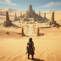over the shoulder shot of character looking at the entrance of a godly ancient isolated sacred spiritual alien village built in the oasis of a vast sand desert, 3 rd person action adventure, screenshot, gameplay, final fantasy, square enix, jrpg, cutscene, unreal engine, 4 k, ultra high settings, rtx, next gen graphics, playstation 5