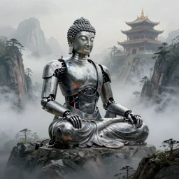 a detailed robotic cyberpunk buddha, a detailed temple on a misty mountain, volumetric fog, perspective painting, atmospheric shot, cinematic establishing shot, in the style of greg rutkowski, artstation, 4 k,