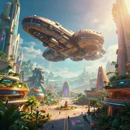 a film still from galaxy's edge by james paick - a massive craft descends upon a lush modern architectural city square, vibrant, 5 0 mm lens, movie environment design, behance hd, dramatic lighting, cinematic, global illumination, deviant art, trending on artstation, bloom