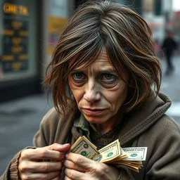 homeless decrepit emma watson begging for money on the street, dirty face and clothes, award winning photography, ultra detailed, 4 k