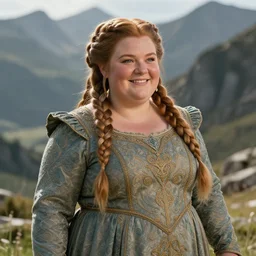 beautiful dwarven lady wearing an elegant brocade dress in the mountains, dungeons and dragons, lord of the rings, intricate, realistic, cheerful, complex braided hair, chubby and plump, big nose, greg staples, sharp focus, sunlight, soft lighting