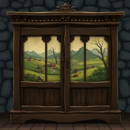 a heavy well made wood cupboard with intricate illustration of medieval countryside on the panels, wide shot, prop concept, digital art, rpg illustration, trending on artstation