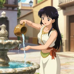 an anime waifu in a greek attire pouring water out of a vase into a fountain, spanish alleyway