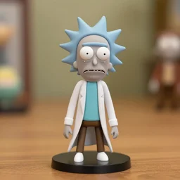 rick and morty figurine by pixar sad bokeh on wooden table.