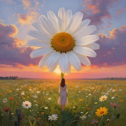 giant detailed daisy flower as head, full body girl standing in a flower field, surreal photography, sunrise, dramatic light, impressionist painting, colorful clouds, digital painting, artstation, simon stalenhag