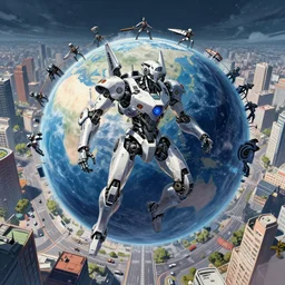 mech cyborg battle in city streets in the shape of ringed planet, illustration concept art anime key visual trending pixiv fanbox by wlop and greg rutkowski and makoto shinkai and studio ghibli and kyoto animation symmetrical facial features