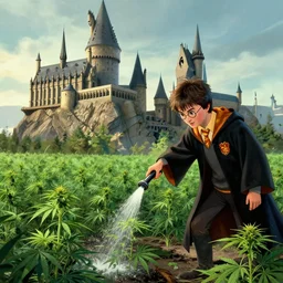 harry potter watering a marijuana field in front of hogwarts, digital illustration, in the style of greg rutkowski, very detailed, artstation, smooth, cinematic, sharp