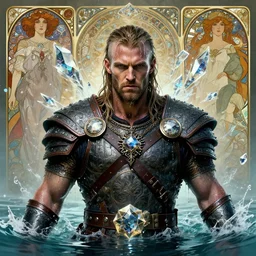 portrait of a cyberpunk viking man wearing a warrior armor, drenched body, wet dripping hair, emerging from the water, fantasy, regal, fractal crystal, fractal gems, by stanley artgerm lau, greg rutkowski, thomas kindkade, alphonse mucha, loish, norman rockwell.