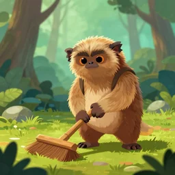 a hard working ewok sweeping the forest floor, artstation, colorful