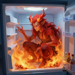 a fire spirit chilling in a freezer, digital painting, illustration, high quality, fantasy