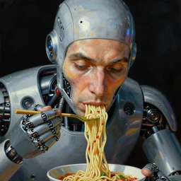 robot man eating noodles. close - up portrait. reflective textures. black background. highly detailed science - fiction painting by norman rockwell, moebius, frank frazetta, and syd mead. rich colors, high contrast. artstation