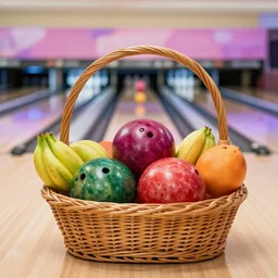 fruit basket playing bowling