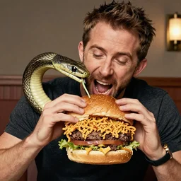 ryan reynolds dislocating his jaw like a snake to eat a massive sloppy burger