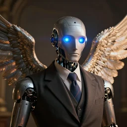 portrait of a robot, suit and tie, blue glowing eyes, wings, historic portrait, dramatic lighting, octane render