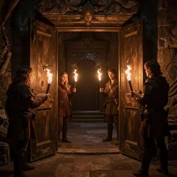 an open door leading to another room, with darkness beyond the door, while holding torches, a group of 4 adventures in the photo, in a dungeons and dragons setting, artstation, artgerm, greg rutkowski, real photo, real camera, dslr, 8 k, professional shot