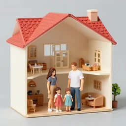 miniature family in front of giant open doll house diorama, matte painting, smooth, sharp focus, highly detailed, trending on artstation