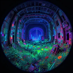a beautiful hyperdetailed illustration of abandoned city basement by albert bierstadt, made of glass fisheye nature neon noir cyberpunk nightvision meadow thermal imaging myst synthwave, archdaily, wallpaper, highly detailed, trending on artstation.