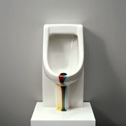 upside - down urinal on a white pedestal, color bleed, muted, bright color and monochrome background, ektachrome by marcel duchamp, contemporary art, academic art, surrealist
