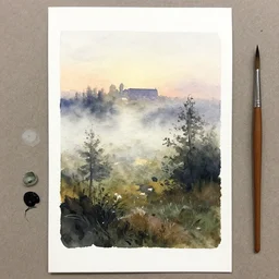 small centered on watercolor paper, paint brush strokes, abstract watercolor painting of foggy dawn, wild nature, culture, cinematic light, national romanticism by hans dahl, by jesper ejsing, by anders zorn, by greg rutkowski, by greg manchess, by tyler edlin
