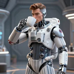 ☕, portrait of a handsome italian android male wearing striped haute couture futuristic astronaut suits and drinking, huge cups of coffee in a futuristic setting, 3 d photorealistic, parts by beksinski, parts by goro fujita, parts by yue minjun