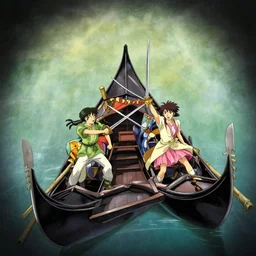 ! movie scene, by shaun tan, by nohisa inoue, by koji morimoto, characters, action photography, gondola, sword fight, amazing composition, colorful, vanishing point, illustration, gloomy, vignette
