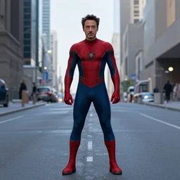 Robert Downey Jr. as Spider-Man, film still, wide-shot, full shot, cinematic lens, heroic portrait from Avengers Endgame