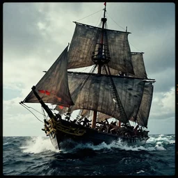 the black pearl from pirates of the caribbean sailing across rough and cruel seas, volumetric lighting, f 8 aperture, cinematic eastman 5 3 8 4 film