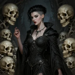 a beautiful cinematic female Necromancer Sorceress, fantasy skull and bone landscape, fantasy magic, undercut hairstyle, dark light night, intricate, elegant, sharp focus, illustration, highly detailed, digital painting, concept art, matte, art by WLOP and Artgerm and Greg Rutkowski and Alphonse Mucha, masterpiece