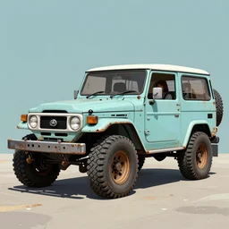 digital illustration of a pale cyan mad max's fj 4 0 decrepit!!!! pursuit special, rusty!! nissan fj cruiser heavily modded 1 9 8 0 s, the last v 8 interceptor by makoto shinkai, ilya kuvshinov, lois van baarle, rossdraws, basquiat