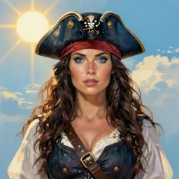 fully clothed armed female pirate captain. sun, summer, blue eyes, beauty, wisdom, love, strength, knowledge, smart, portrait, symmetrical, highly detailed, digital painting, artstation, smooth, sharp focus, illustration, strength, art by artgerm and alphonse mucha and louis theophile hingre. 8 k